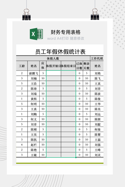 企业员工年度带薪年假自动计算与统计管理表Excel模板