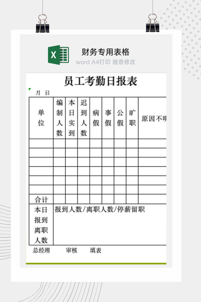 企业员工每日出勤状况与考勤日报表Excel模板